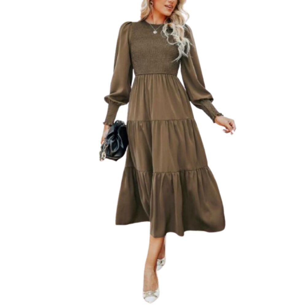 Cupshe Brown Ruched Smocked Tiered Long Sleeve Maxi Dress Size L NWT